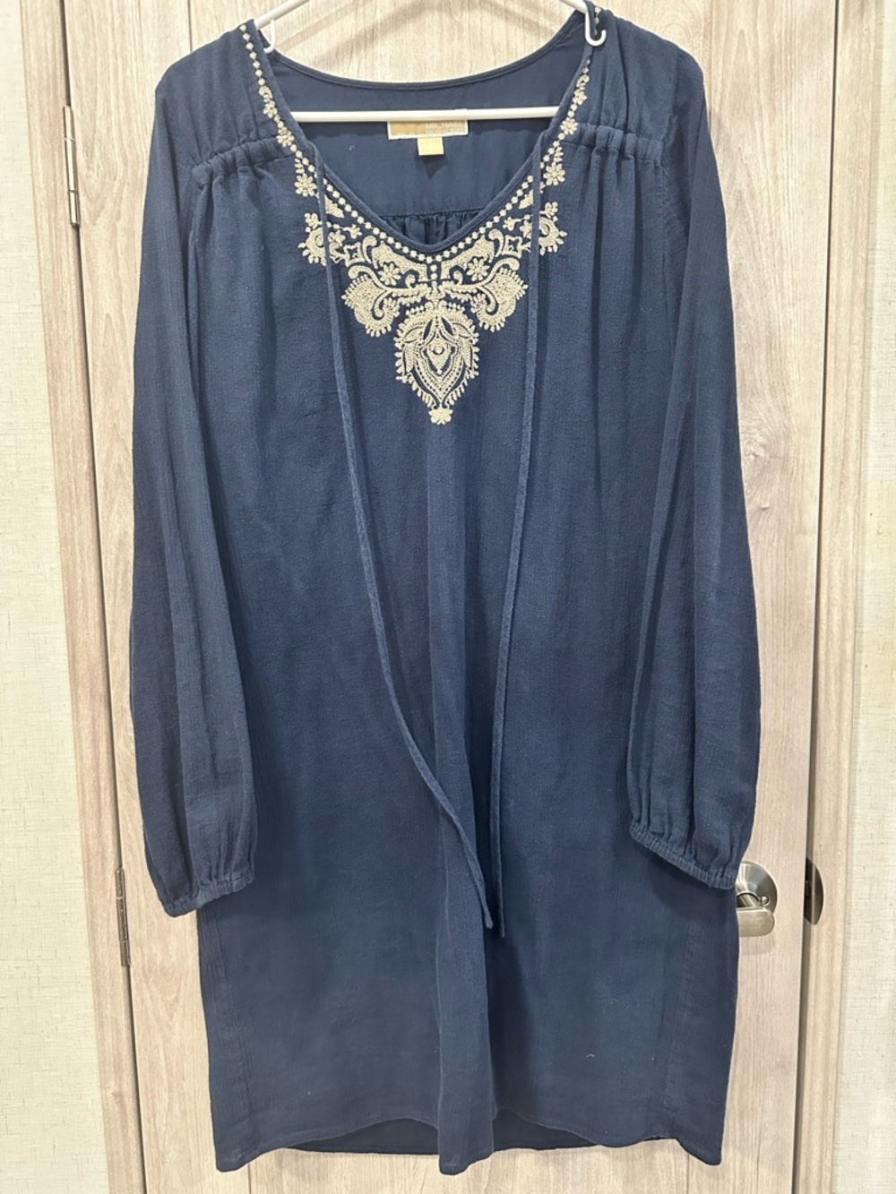 Michael Kors Med Navy Long Sleeve Gauze Tunic Dress Cotton Embroider V Neckline